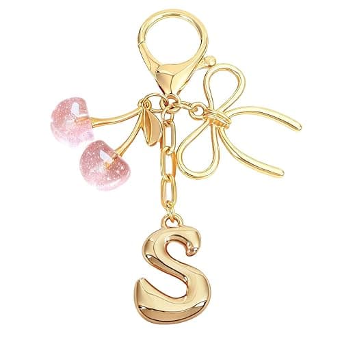 Snycler Bubble Initial Keychain with Bow & Cherry - Gold Letter Bag Charms for Women, Cute Purse Handbag Accessories - Image 1
