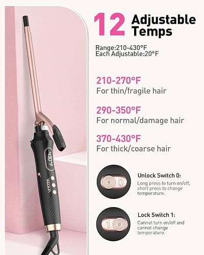 YEEGOR 3/8 inch Thin Curling Iron，Extra Long Barrel Culing Wannd Ceramic，100-240V Dual Voltage Small Hair Curler for Tight Curls，12 Temps - 3/8 Inch thumbnail 3