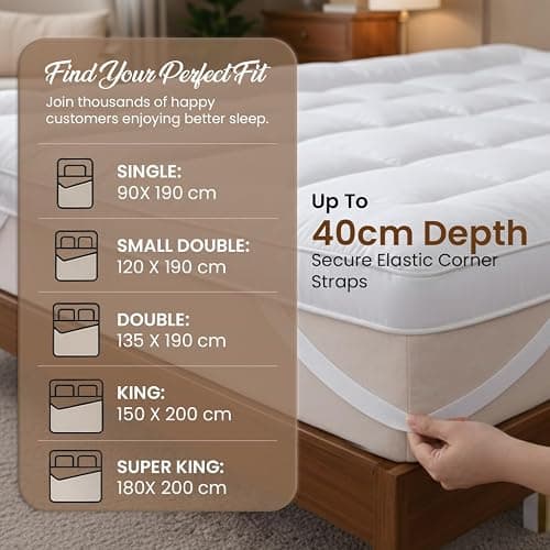 Mattress Topper Double Bed 137x190 cm | 10cm Extra Thick Hotel Quality Microfiber | Soft Double Mattress Topper | Hypoallergenic & Deep Elasticated Straps for Secure Firm Grip thumbnail 3