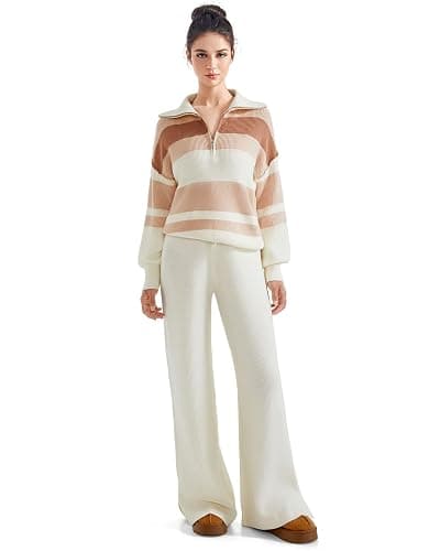 SUUKSESS Women 2 Piece Lounge Sets Oversized Quarter Zip Pullover Wide Leg Pants - Image 1