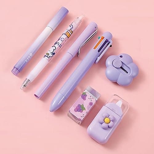 7 Pcs Cute Purple Stationery Set Kawaii School Supplies Office Supplies Including Ballpoint Pens Pencil Sharpener Highlighter Correction Tape Ruler Utility Knife (Purple) thumbnail 3