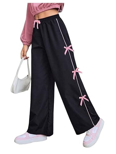 WDIRARA Girl's Bow Side Waist Track Pants Cute Wide Leg Trousers - Image 1