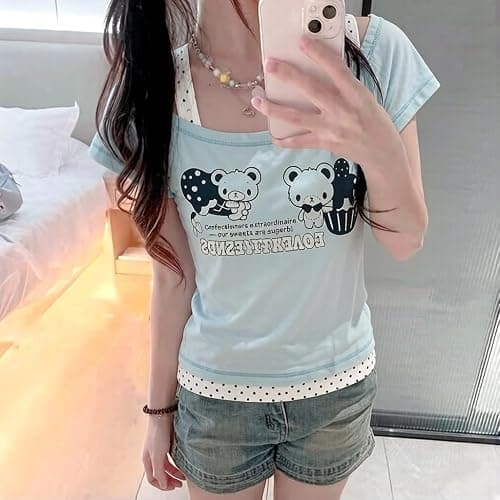 Kawaii Cutecore Harajuku Y2k 2000s Tops Summer Preppy Aesthetic Alt Goth Emo Short Sleeve Graphic Tees thumbnail 3