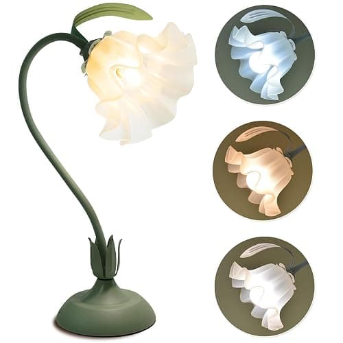 Flower Table Lamp, 3 Level Brightness Vintage Flower Reading Light with E26 Bulb, Cute Desk Lamp Bedside Lamps Lily Lamps for Nightstands Living Room Bedroom Ambient Lighting Home Decor, Metal Base - Image 1