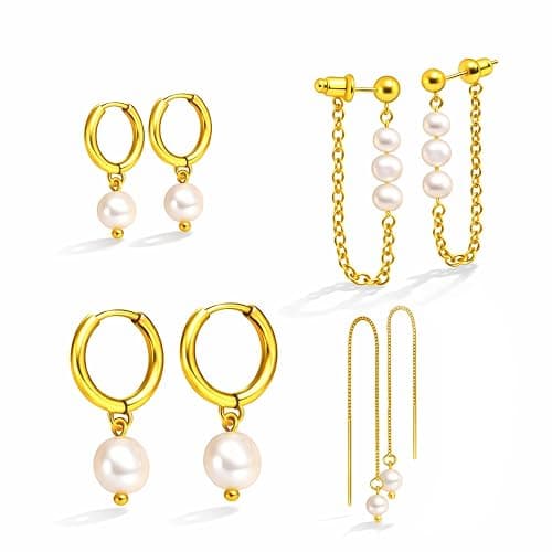 Pearl Earring Stacks for Women – Dainty 14K Gold Plated Hypoallergenic Hoop & Dangle Earrings Set thumbnail 7