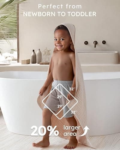 Yoofoss Hooded Baby Towels for Newborn 2 Pack 100% Muslin Organic Cotton Baby Bath Towel with Hood for Babies, Infant, Toddler and Kids, 32x32Inch, Soft and Absorbent Newborn Essential, Beige&Coffee thumbnail 4