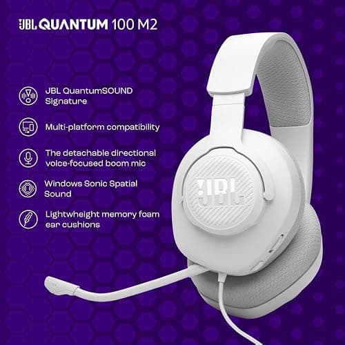 JBL Quantum 100M2 - Wired Over-Ear Gaming Headset with omnidirectional, Detachable mic with Mute Option and Fabric-Covered Memory Foam Ear Cushions, Compatible with All Platforms (White) thumbnail 5
