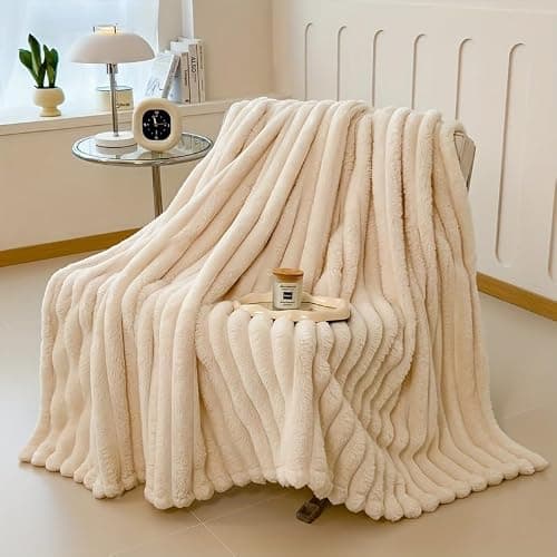 Fleece-Überwurfdecke, weiche und warme flauschige Decke, gestreifte Jacquard-Bettdecke, leicht, flauschig, gemütlich, Flanelldecke für Sofa, Bett, Büro, Reisen, 68 x 99 cm thumbnail 5