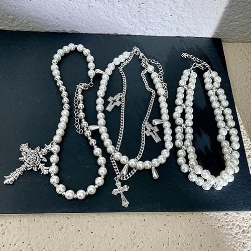 KURTCB Layered Pearl Cross Jewelry Set Statement Chunky Y2k Gothic Pearl Necklace and Earrings Bracelet for Women thumbnail 2