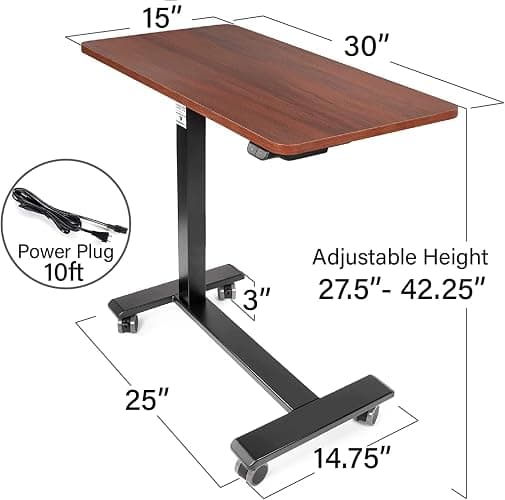 Vaunn Medical Electric Overbed Table Bedside Height Adjustable Table with Wheels (Electric-Powered, Hospital and Home Use) - Brown (Organic Modern) thumbnail 3