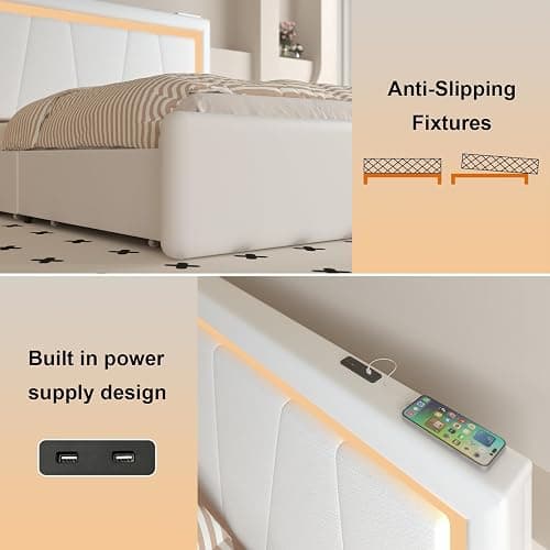 Benevika Full Bed Frame with 4 Storage Drawers and Adjustable Headboard, Upholstered Platform Bed with LED Lights and USB Ports, Solid Wooden Slats Support, Faux Leather, Easy Assembly, Beige thumbnail 5