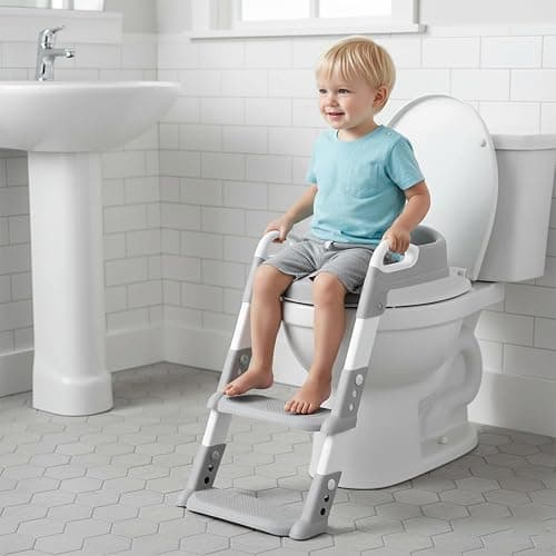 Crystals Portable Toddler Potty Training Seat with Step-Foldable Child Toilet Seat for Boys & Girls, Comfortable Potty with Ladder, Anti-Slip Design for Kids Toilet Training, Easy Step-Up (Grey) - Image 1
