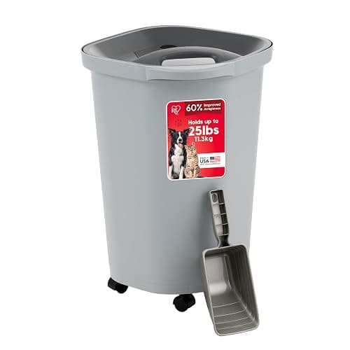 IRIS USA Pet Food Storage Container 25 lbs, Premium 60% Improved Airtight Seal with Air Valve, 2 Cup Scoop, Removable Wheels, Easy to Open - Made in the USA, Gray - Image 1