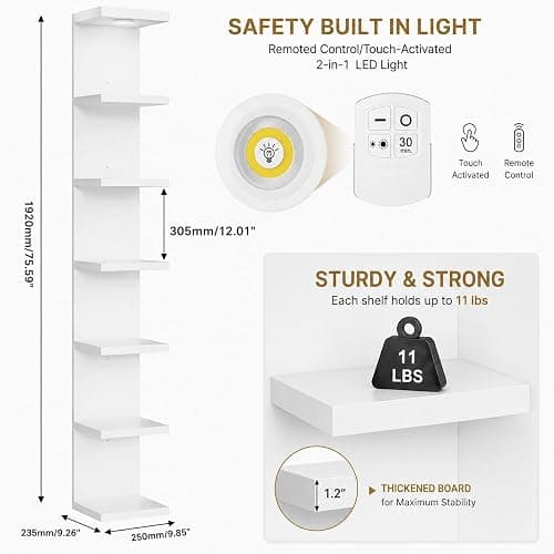 Yuyetuyo 7 Tier Floating Wall Shelf, White Floating Shelves for Wall with LED Light, Versatile Wall Shelf Unit for Bedroom Living Room Bathroom, Lack Shelf for Home Organizer Display thumbnail 3