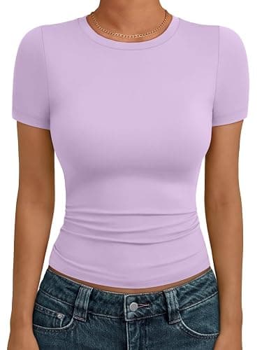 AUTOMET Women's Crew Neck Short Sleeve Basic Stretchy Tight Fitted T-Shirt - Image 1