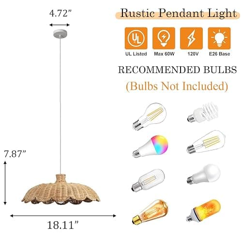 MIXL-Rattan Woven Beige Pendant Light,Scalloped Shade Small Hanging Light,Rustic Kitchen Island Lighting,Boho Style Pendant Lamp for Living Room Bedroom thumbnail 9