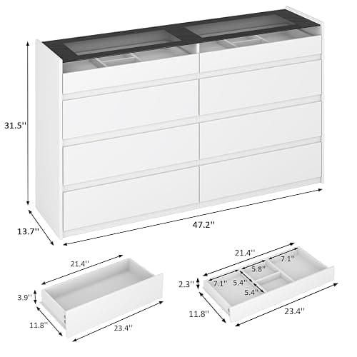ZORPLIX White 8 Drawer Dresser for Bedroom, Modern Chest of Drawers, Jewelry Dresser Display with Glass Top and LED Light, Dressers Organizer for Bedroom, Closet, Living Room thumbnail 2