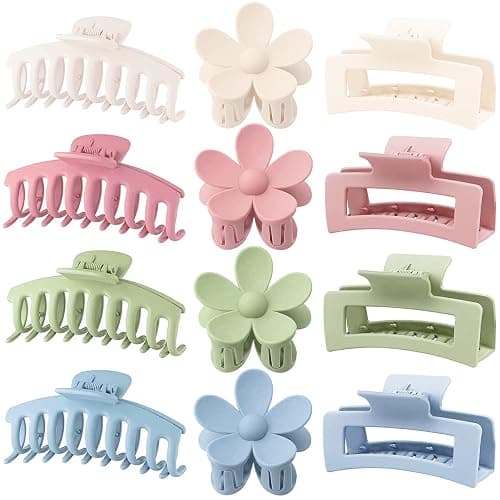 Large Hair Claw Clips 12 Pack, Flower Hair Clips for Thin Hair, Big Square Matte Strong hold for Thick Hair, 3 Styles Hair Clips for Women Thick Hair 4 Colors - Image 1