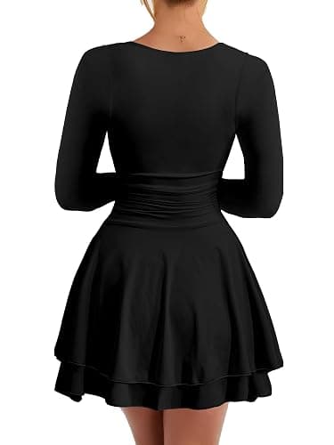 Kaximil Women's Square Neck Ruffle Hem Mini Dress Ruched Waist Long Sleeve Corset Short Party Dresses thumbnail 2