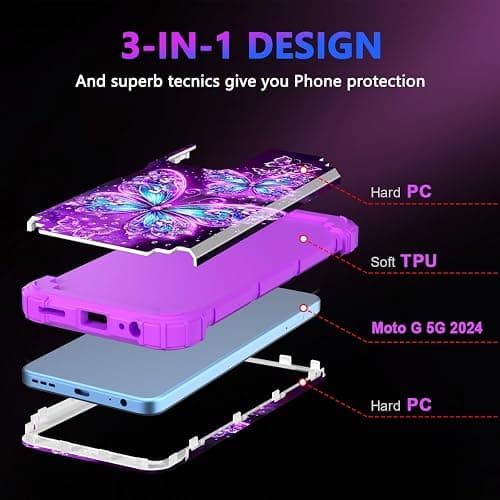 Casetego Compatible with Moto G 5G 2024 Case,Glow in The Dark Three Layer Heavy Duty Sturdy Shockproof Full Protection Rugged Hard PC+Soft TPU Bumper Case,All Purple thumbnail 3