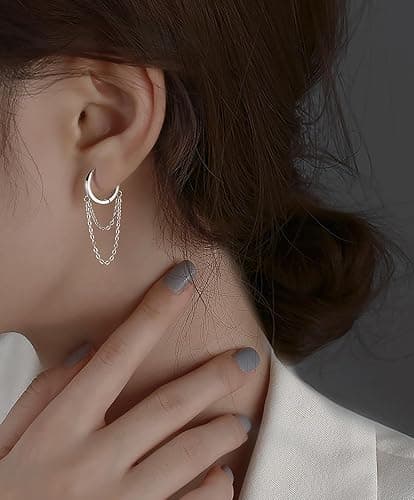 Reffeer Solid 925 Sterling Silver Tassel Chain Drop Dangle Small Hoop Earrings Huggie for Women Teen thumbnail 2