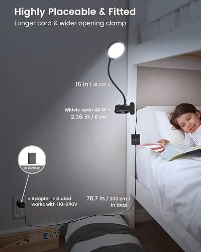 Glocusent 5W Clip on Light, 36 LED Eye Caring Reading Light for Bed, 3 Colors & 5 Brightness Clip on Lamp with Adapter, Perfect Desk Lamp with Clamp/Bunk Bed/Headboard/Table thumbnail 6