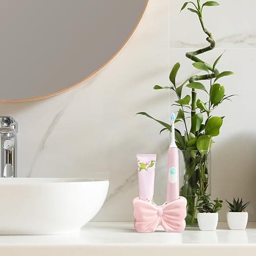 Teenyyou 2 Pieces Coquette Bow Toothbrush Holder, Cute White and Pink Bowtie Toothbrush Holder, Coquette Bowknot Design Ceramic Bathroom Decor, Bathroom Countertop Supplies for Home thumbnail 2
