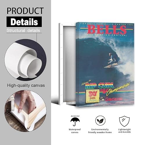 Beachy Surf Up Canvas Wall Art, 1983 Torquay Australia Easter Poster, Rip Curl Bell'S Surfing Competition Print, BELLS Summer Surfer Sports Magazine Cover Painting for Bedroom 8x12in Wrapped Canvas thumbnail 2