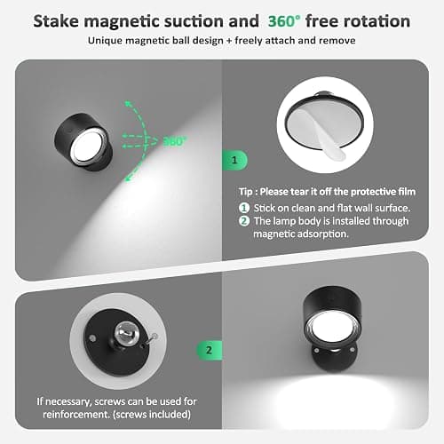 Lightbiz LED Wall Mounted Lights 2 Pcs with Remote, Wall Sconces Lamp 3000mAh Rechargeable Battery Operated, 3 Color Temperatures & Dimmable Magnetic 360° Rotation Cordless Light for Bedroom Bedside - Black-3 Color Temp Light - 2 Pcs thumbnail 5
