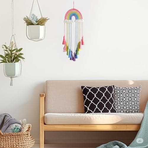 Honcas Rainbow Macrame Wall Hanging - Hand-Woven Cotton Tassel Tapestry Decor for Baby Room, Nursery, and Home Decor (Pink Rainbow) thumbnail 4