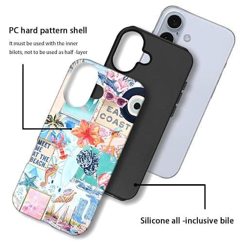 Generic Case Compatible with iPhone 16 Plus,Scratch Resistant Hybrid 2-Layer Hard Shell Phone Case,Seashells Beach Summer Jellyfish Collage thumbnail 3