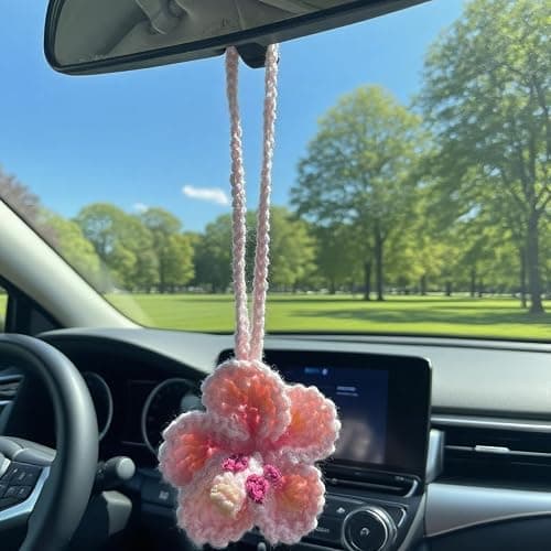 Hibiscus Flower Car Hanging Ornament,Crochet Hawaiian Tropical Flowers Bag Charms Decor Car Rear View Mirror Beach Accessories (Pink) thumbnail 5