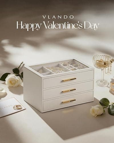 VLANDO Jewelry Box for Women, Glass Lid Jewelry Organizer with 3 Drawers for Necklaces Rings Earrings Bracelets Mother Day Gift for Mom - Cloud White thumbnail 4