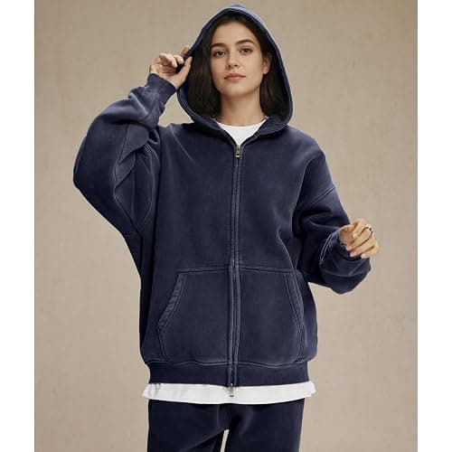 Talakeno Womens Double Zip Up Hoodies Oversized Heavyweight Fleece Sweatshirt Acid Wash Hoodie Vintage Distress Cotton Jacket thumbnail 3
