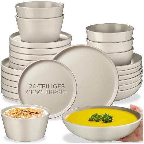 tectake® 24-tlg. Geschirrset, Tafelservice 6 Personen, Steingut Geschirr Set, Teller Set mit Schalen, Speiseteller, Frühstücksteller, tiefe Teller und Schüsseln - taupe - Image 1
