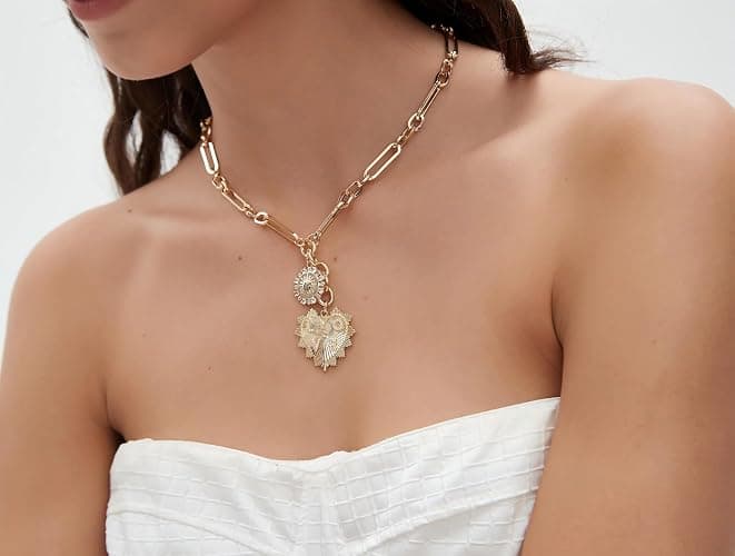 Sun Heart Charm Choker Necklace for Women Men,Golden Plated With Zircons Inlaid Pendants,Thick Chunky Paperclip Chain Hip Hop Necklace Unisex Jewelry,Cuban Link Chain for Women Trendy（Heart） thumbnail 9