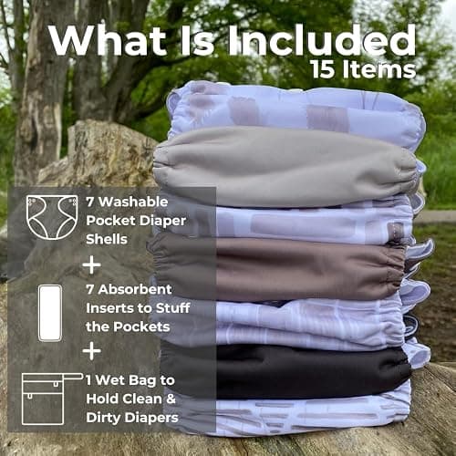 Nora's Nursery Cloth Diapers 7 Pack with 7 Inserts & 1 Wet Bag - Waterproof Cover, Washable, Reusable & One Size Adjustable Pocket Diapers for Newborns and Toddlers - Earthy Boho thumbnail 3