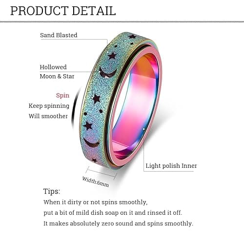 AmorArtSky Anxiety Ring for Women Men, Titanium Stainless Steel Spinner Ring, 5 Colors, 6MM, Size 6-10, 3 Styles Anxiety Ring-Moon Star, Sandblasted Finished, Hollow Outer thumbnail 7