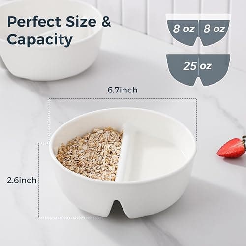 LUFILUFI Anti-Soggy Cereal Bowl Set of 2, 6.7 Inch Divided Ceramic Bowls for Cereal and Milk, Chip and Dip Bowl, Soup and Sandwich Plate Combo, Stackable Snack Serving Bowl for Kids Adults, White thumbnail 2