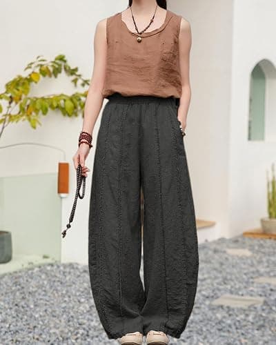 IXIMO Women's Linen Harem Pants Vintage Wide Leg Lantern Front Raw Frayed Patchwork Baggy Boho Lounge Trousers thumbnail 5