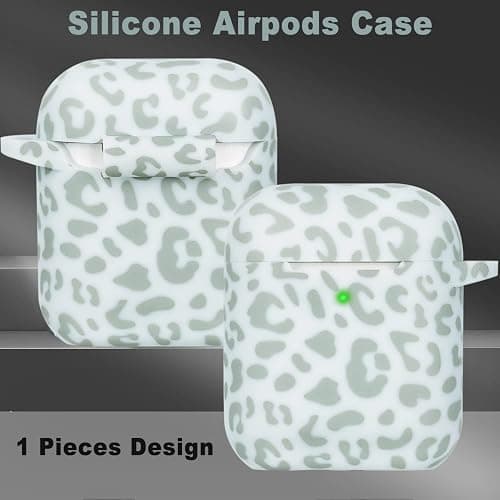 Leopard Silicone Compatible with Airpods Case, Gawnock Soft Cover Flexible Compatible with Airpods 2nd/1st Generation Floral Print Cover for Women Girls with Keychain - Light Green Leopard Cheetah thumbnail 4