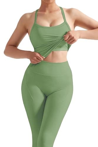 SUUKSESS Women 2 Piece Workout Sets Compression Tummy Control Leggings with Pockets Halter Built in Bra Tank Tops thumbnail 4