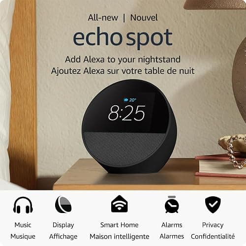 Amazon Echo Spot (newest model), Great for nightstands, offices and kitchens, Smart alarm clock with Alexa+ Early Access, Black thumbnail 8