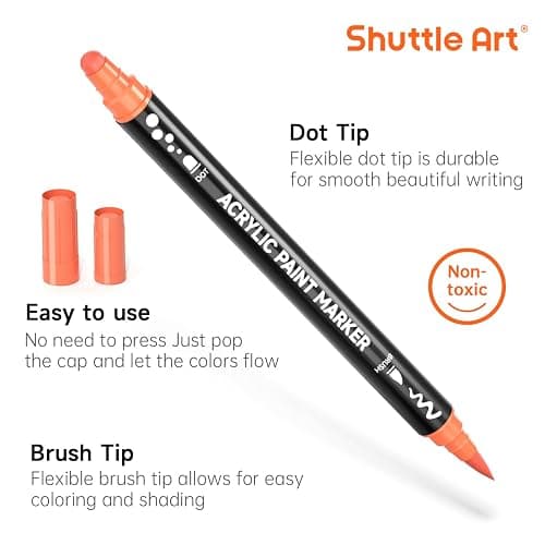 Shuttle Art 28 Colors Dual Tip Acrylic Paint Markers, Brush Tip and Dot Tip Acrylic Paint Pens for Rock Painting, Ceramic, Wood, Canvas, Plastic, Glass, Stone, Calligraphy, Card Making, DIY Crafts thumbnail 4