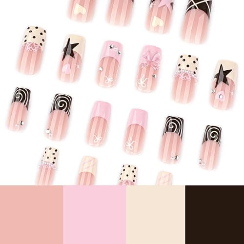 Octoswave Long Square Press on Nails Sweet Y2K Fake Nail for Women 24Pcs | French Tip False Nails Polka Dots Stick on Nail for Girls, Party thumbnail 3