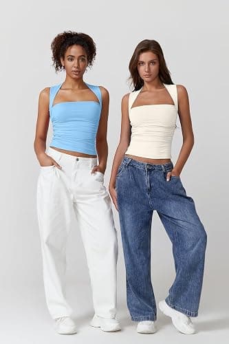 QINSEN Womens Square Neck Tank Tops Side Ruched Double Lined Slim Fit Summer Going Out Crop Top thumbnail 6
