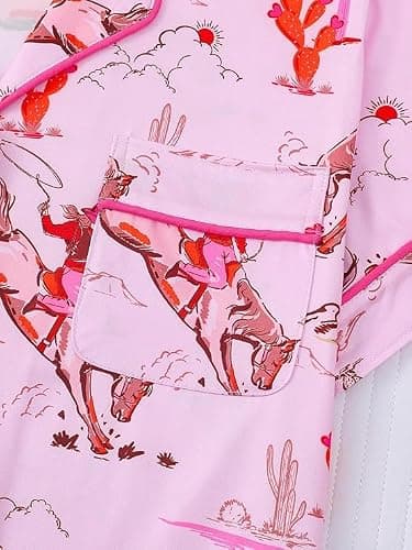 AINAC Womens 2 Piece Cowgirl Pajamas Satin Silk Western Cute Pjs Cowboy Boots Short Sleeve Button Up Shorts Pjs Loungewear thumbnail 2