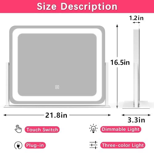 ROLOVE 22x17 Inch Lighted Vanity Mirror with Dimmable LED Lights - 3 Color Modes, Smart Touch Control & 360° Rotating Base - Desk Makeup Mirror (White) thumbnail 2