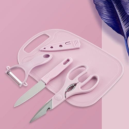 Magicorange Travel Cutting Board Set, 4 Pcs Portable Mini Camping Plastic Cutting Board Set & Stainless Steel Knife with Sheath, Fruits & Vegetable Peeler Scissors (Pink) - Pink thumbnail 7