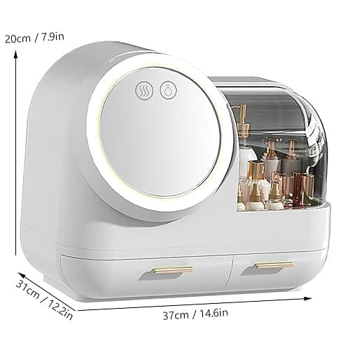 HURRISE Mirror Fan Makeup Case,Portable Makeup Organizer with Mirror and LED Light,Cosmetic Storage Display Case, Large Capacity Mirror Makeup Storage Box for Women (White) thumbnail 3